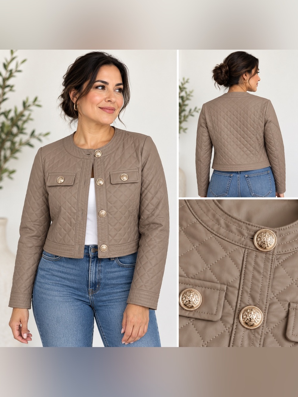 Quilted Cropped Jacket in Brown size M